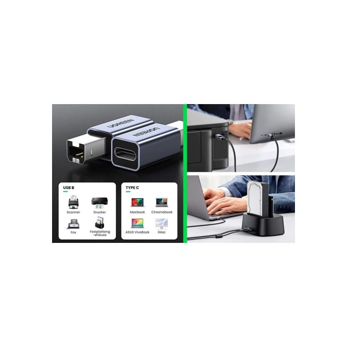 Adaptador USB-B a USB-C UGREEN US382 - Conexión rápida y compatible con múltiples dispositivos
