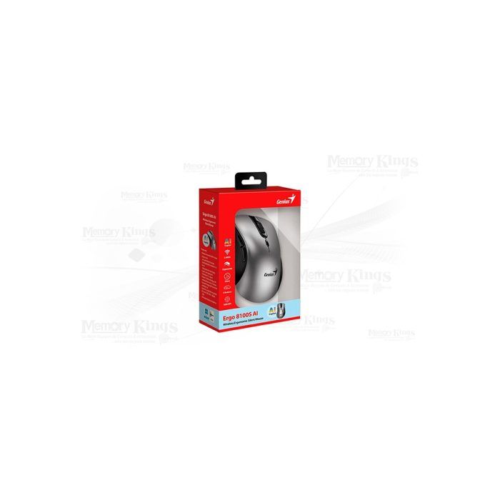 Mouse Genius Ergo 8100S Wireless Ergonómico Silent - Color Plata/Gris, 6 Botones, AI Copilot