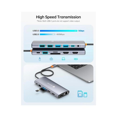 Estacion de puertos/Docking Station NOVOO 14-in-1, Interfaz USB-C, Plug-and-Play
