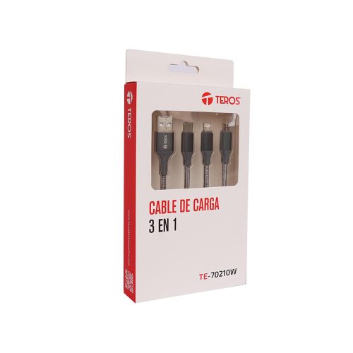 Cable de carga 3 en 1 TEROS TE-70210W, USB a Tipo C/Lightning/Micro USB, 17.5W Máx, gris