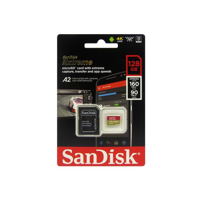 Memoria SanDisk Extreme microSD, 128GB, UHS-I U3, con Adaptador SD.