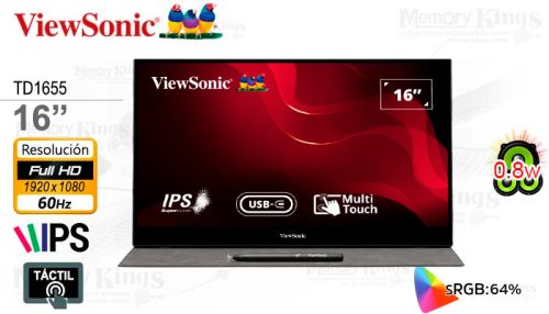 MONITOR portatil 16 VIEWSONIC TD1655 iPS FHD USB-C TACTIL con Parlante integrado