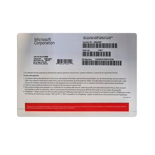 Sistema Operativo Microsoft Windows Home 11, 64 bits, español, 1pk, DSP OEM DVD.