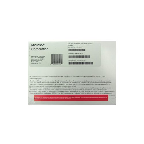 Sistema Operativo Microsoft Windows PRO 10, 64 bits, español, 1pk, DSP OEM DVD.