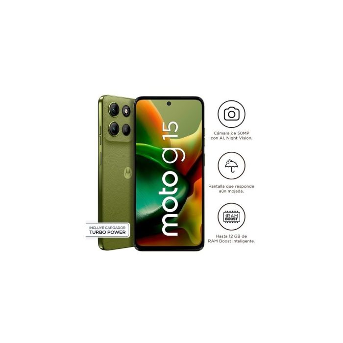 Smartphone Motorola Moto G15, 128GB, 4G, Pantalla 6.7" Full HD, 4GB RAM, Batería 5200mAh, Verde