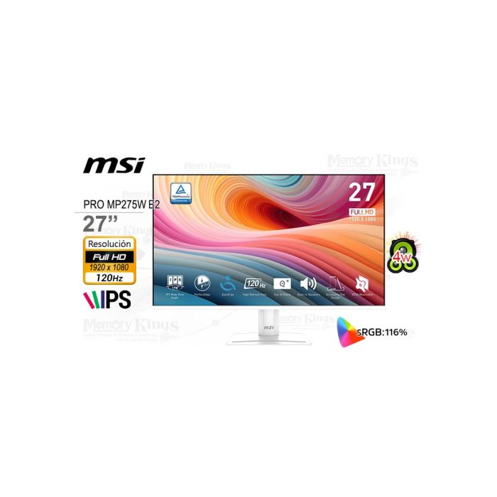 Monitor MSI Pro MP275W E2 de 27'' FHD, 120Hz, 1ms, IPS, color blanco - Ideal para gaming y trabajo