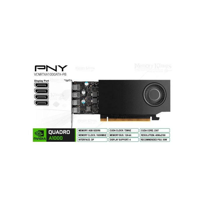 Tarjeta gráfica PNY Quadro RTX A1000 8GB GDDR6 - Bajo perfil, 4 DisplayPort, ideal para diseño y gaming