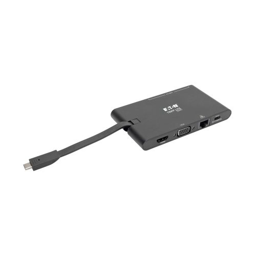 Estación de carga USB-C Tripp-Lite con HDMI 4K, VGA, USB 3.0 y RJ-45 - Conectividad versátil en negro