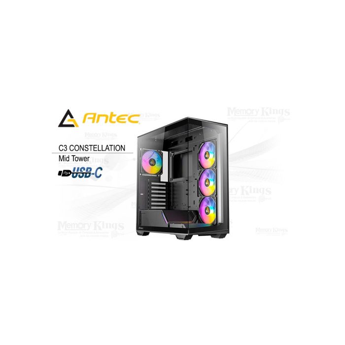 Caja de computadora Antec C3 Mid Tower ARGB Constellation, color negro, diseño elegante y refrigeración optimizada