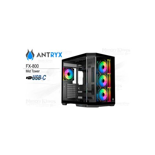 Caja Mid Tower Antryx FX-800 ARGB con 4 ventiladores, color negro y diseño elegante para gamer