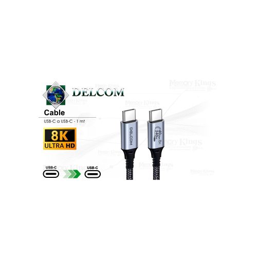 Cable USB-C a USB-C Delcom 1 metro 240W, 8K a 60Hz, ideal para alta velocidad de carga y transferencia