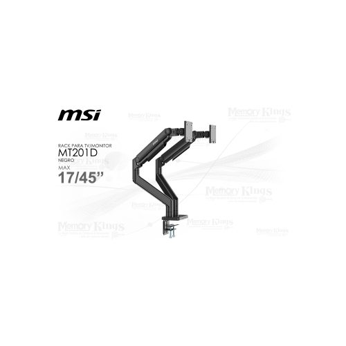 Soporte monitor MSI MAG MT201D dual, ajustable para pantallas de 17" a 45", diseño ergonómico y resistente