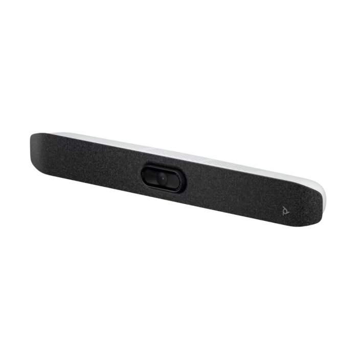 Poly Studio V12: Barra de video USB HD, conexión fácil, sin suministro eléctrico, ideal para videoconferencias.