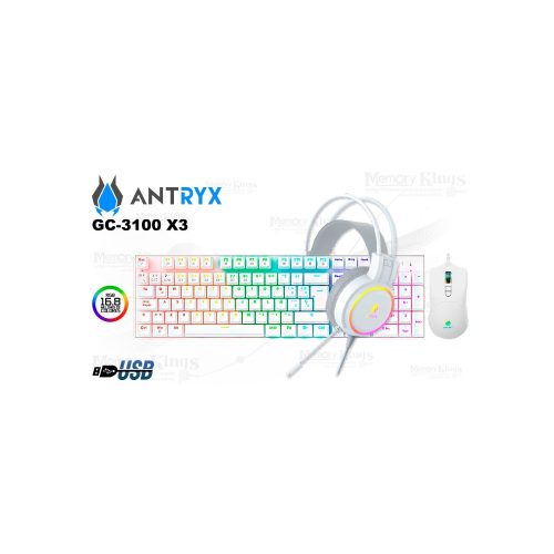 Teclado mecánico RGB Antryx GC-3100 + Mouse y Auriculares Gaming Blanca, Conexión X3