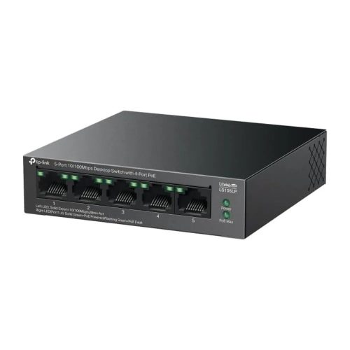 Switch TP-Link LS105LP de 5 puertos, compacto y eficiente para redes rápidas y estables.
