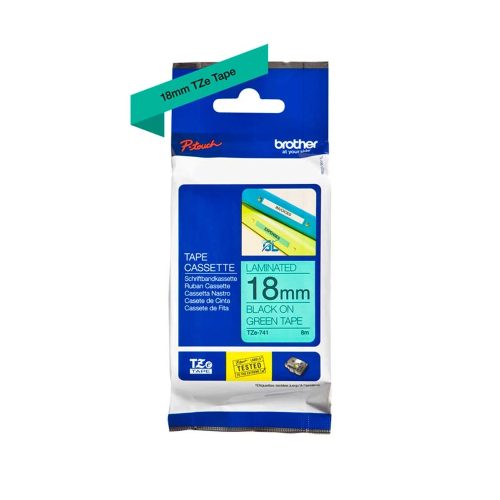 Cinta de Etiquetado Brother TZE-741 3/4" (18mm) Negra sobre Verde - Ideal para Organización