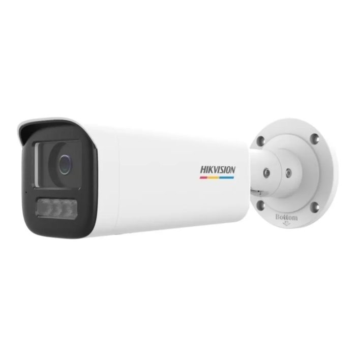 Cámara de vigilancia Hikvision ColorVu 2MP con visión nocturna, conectividad IP y diseño compacto