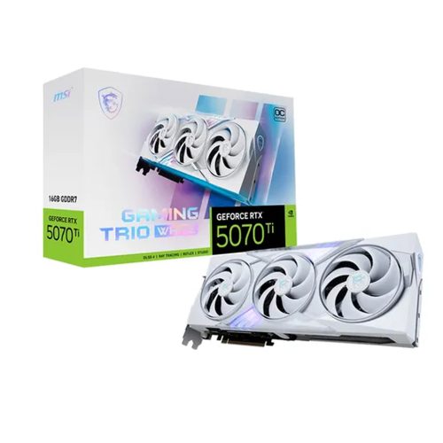 Tarjeta de video MSI RTX 5070 Ti 16GB Gaming Trio OC en color blanco con conectividad HDMI