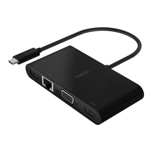 Adaptador Belkin USB-C a VGA/HDMI con Ethernet 1GbE - Carga y Multimedia, Ideal para Proyector y TV