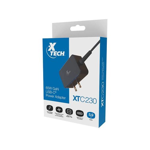 Cargador USB-C Xtech 65W GaN, compatible con 110/240V, 5.9ft de cable, potente y ligero.