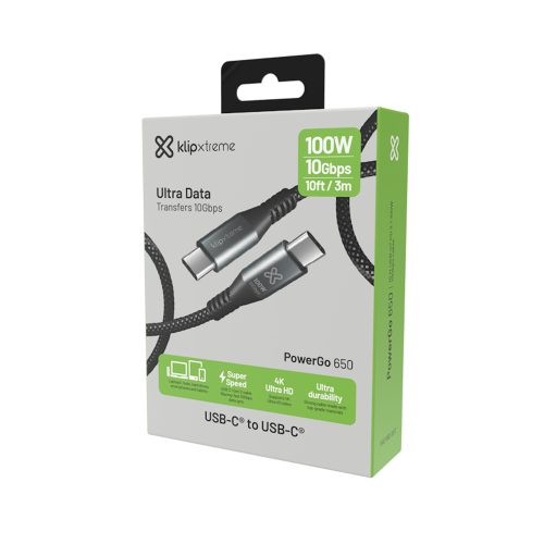 Cable USB-C Klip Xtreme de 3 m, 100W y 10Gbps, trenzado en negro - Carga rápida y transferencia eficaz