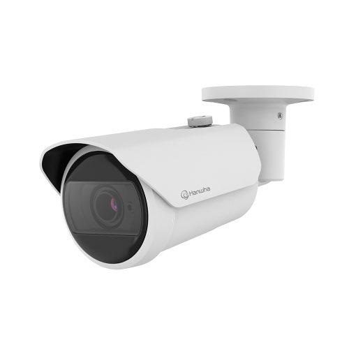 Cámara de red Hanwha 8MP 4K bala blanca, visión nocturna 30m, lentes varifocales 3.2-10.2mm, IP66