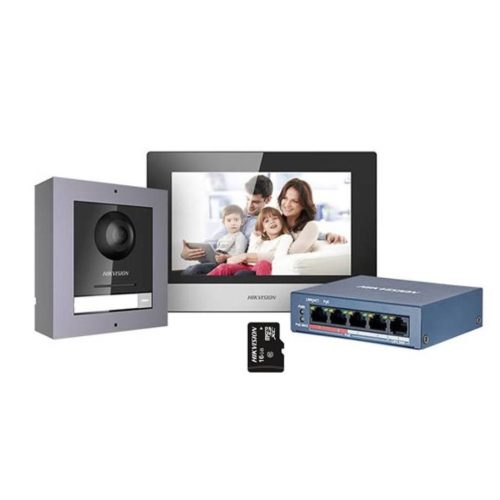 Kit de Videoportero Hikvision DS-KD8003 y DS-KH6320, con switch y tarjeta SD incluida, 4 cables